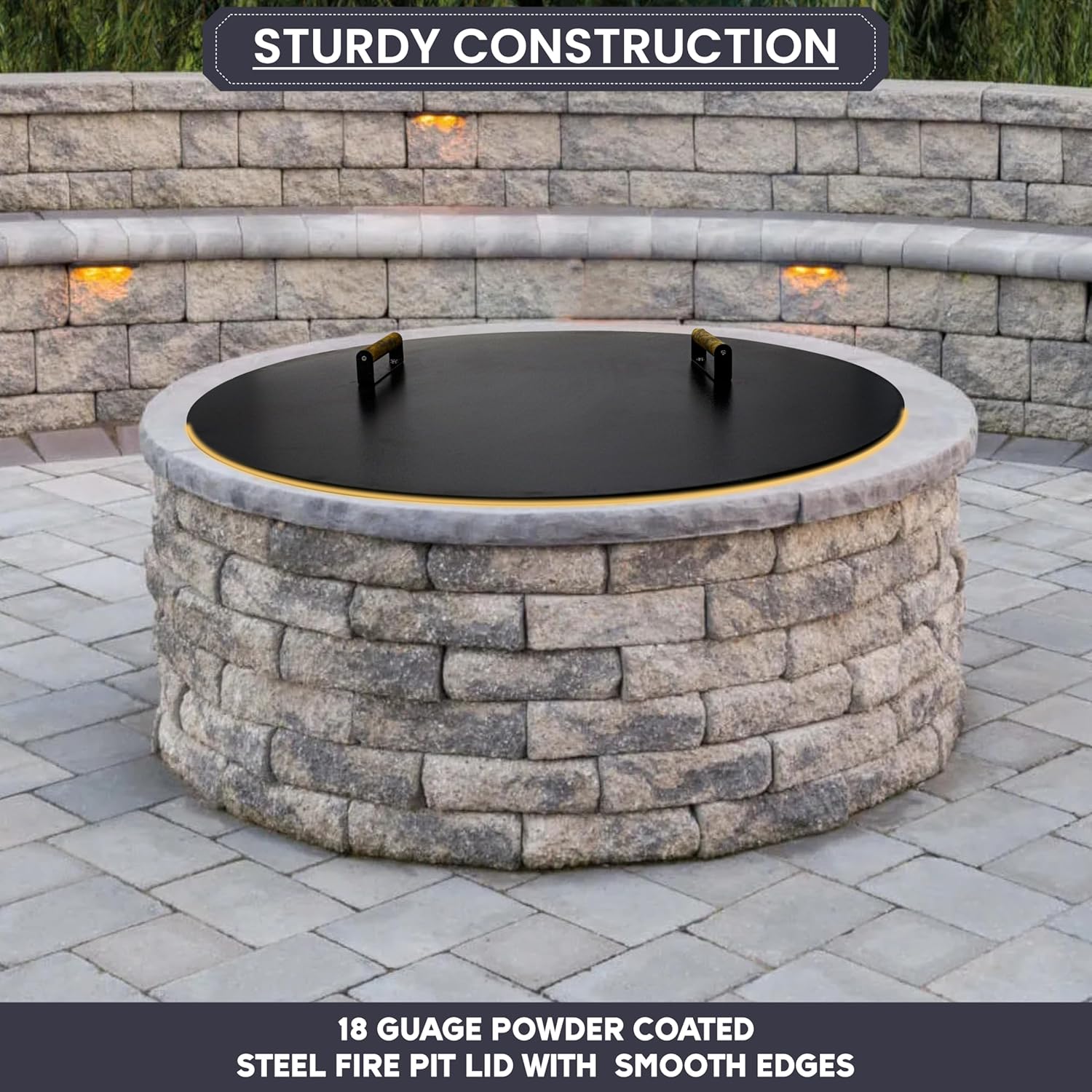 38” Fire Pit Cover Lid Round - Fit for 36” Round Fire Pit Lid for Outdoor Fireplace Cover Lid Steel fire Pit Metal Cover W/ 2 Wooden Handles & Heat Resistant Snuffer Lid for Patio Fire Pit Ring