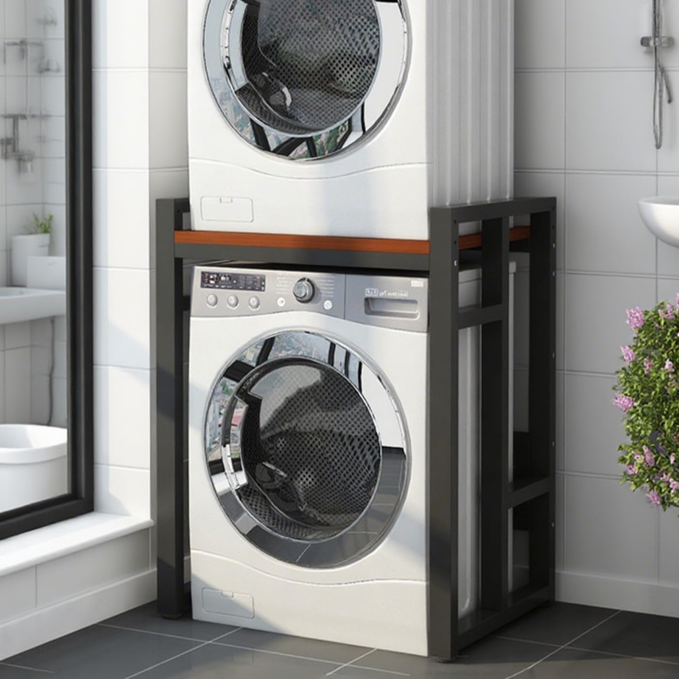 Steel Washer Dryer Stacking Rack Shelf, Standing Washing and Dryer Machine Stackable Rack Stand Save Space Laundry Room Organizer Heavy Duty Shelf Adjustable Height for Small Space