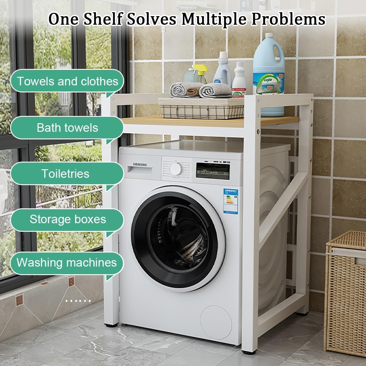 Washer Dryer Stacking Rack Stand,Heavy Duty Over Washer&Dryer Shelves With Adjustable Shelf,Toilet/Washing Machine Storage Rack,Space Saver Washer Dryer Stacking Kit,Height Adjustable,For Laundry(Whit