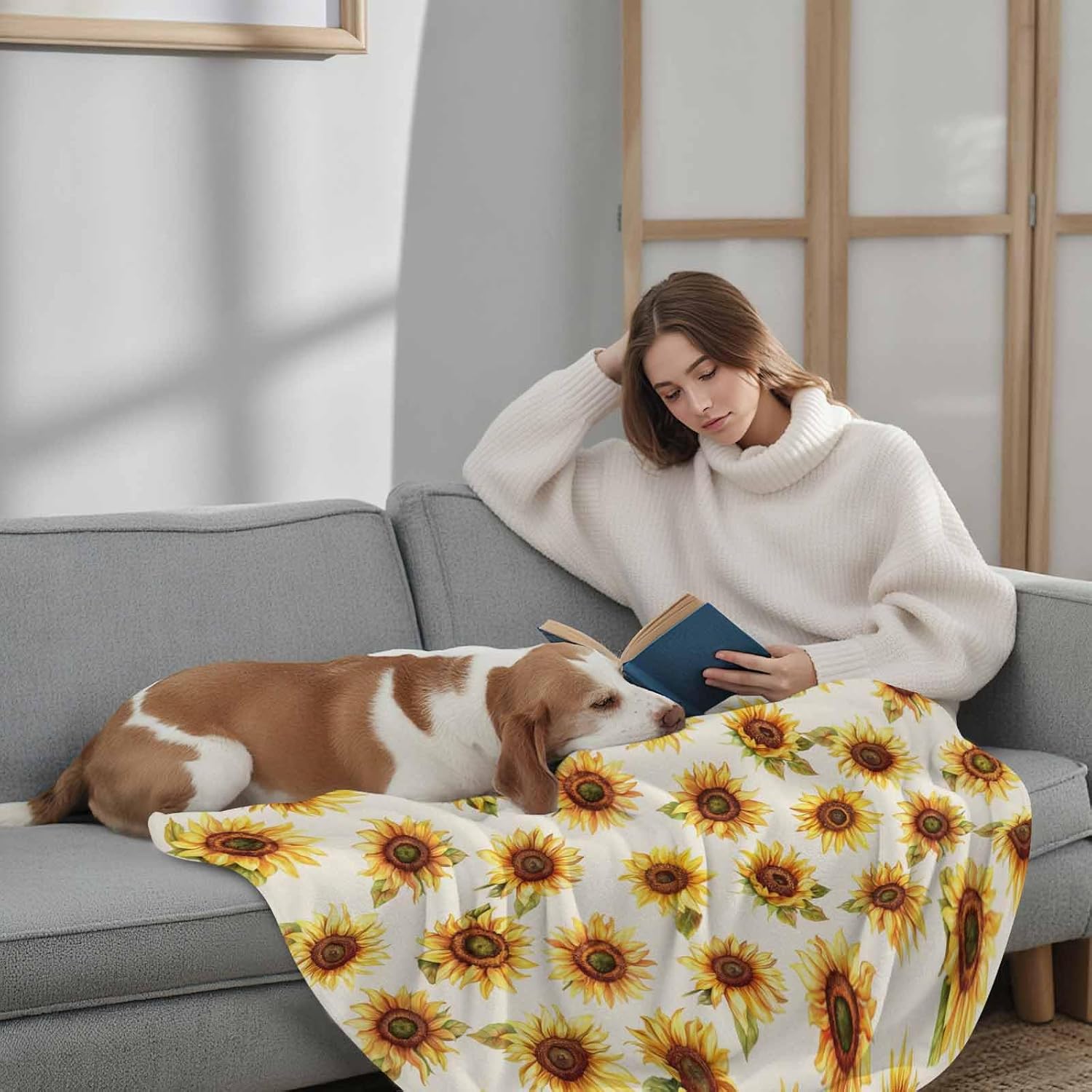 Beige Sunflowers Fall Flannel Fleece Throw Blanket, Thanksgiving Botanical Floral Microfiber Soft Fleece Blankets for All Season, Decorative Cozy Fluffy Plush for Household, Office, 30