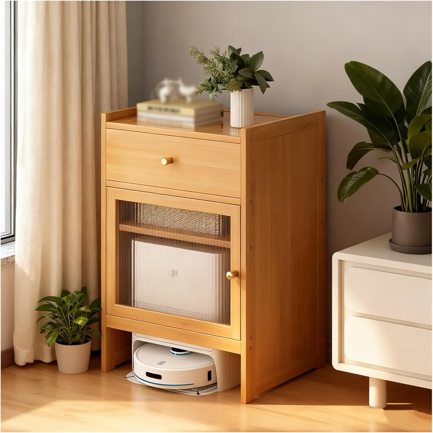 Vacuum Cabinet, Robot Vacuum Storage Side Table End Table Cabinet Storage Freestanding Rack for Living Room, Home, Office, Save Space(Natural)