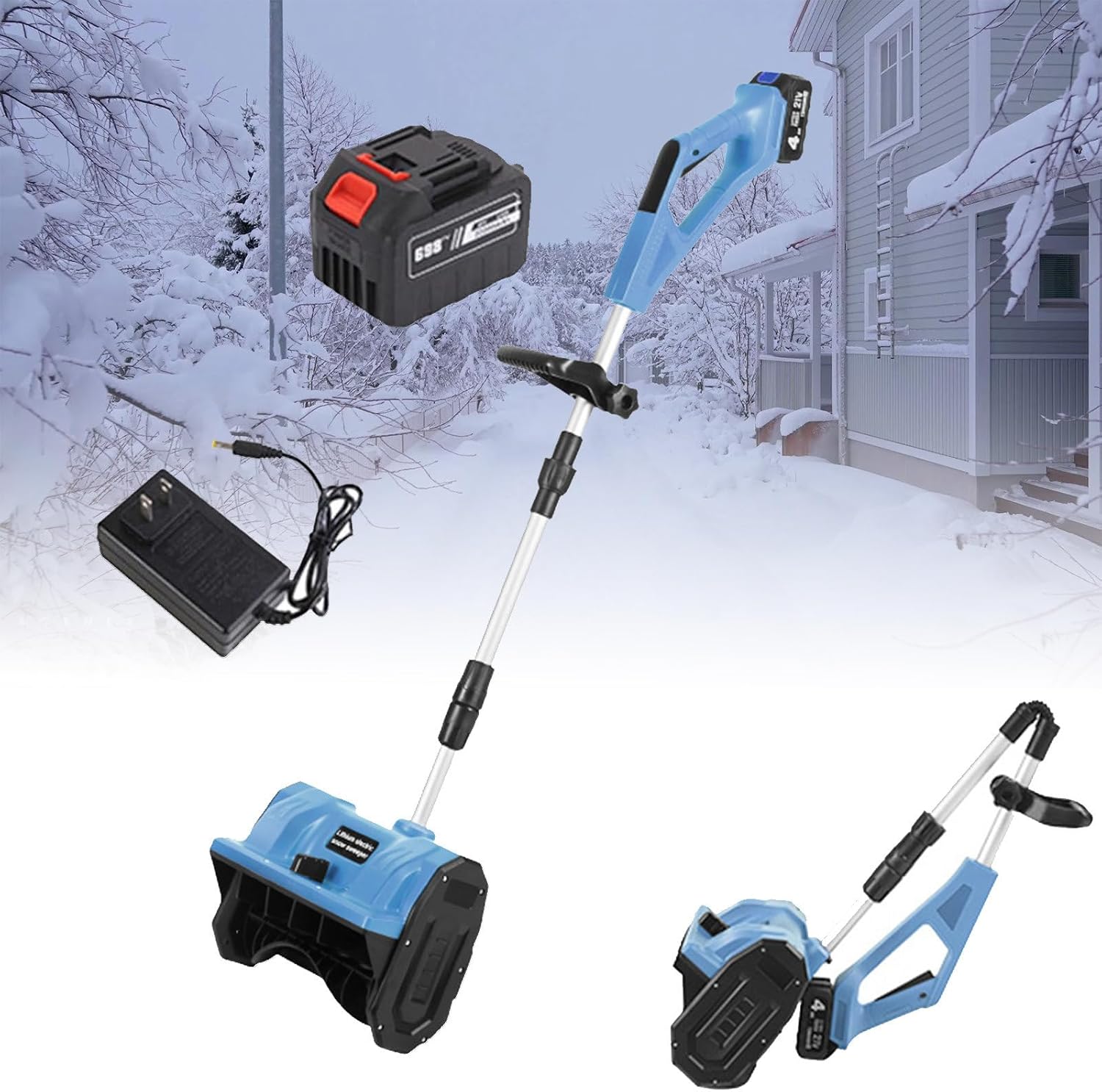 Cordless Snow Shovel with Li-ion Battery & Charger,Adjustable Front Handle & Telescopic Pole, 11in Width & 6in Depth & 26ft Throwing Distance,for Driveway Clearing, Patio,Blue-1Battery