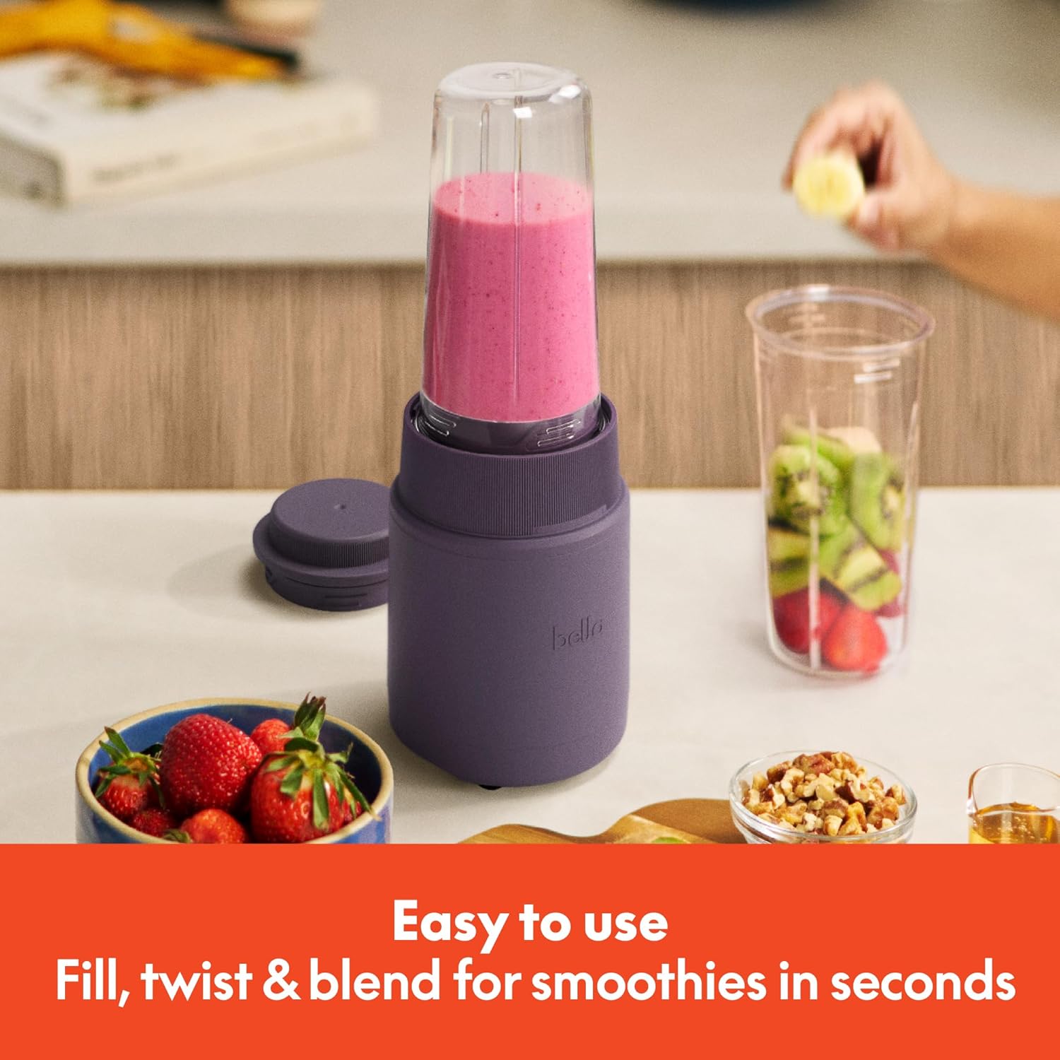 bella 6 Pcs Portable Rocket Blender, Juicer & Smoothie Maker, Press & Twist Design, EverGood™ & BPA Free Dishwasher Safe Parts, 4 Tip Stainless Steel Blade, Cord Wrap, 240 Watt Motor, Plum