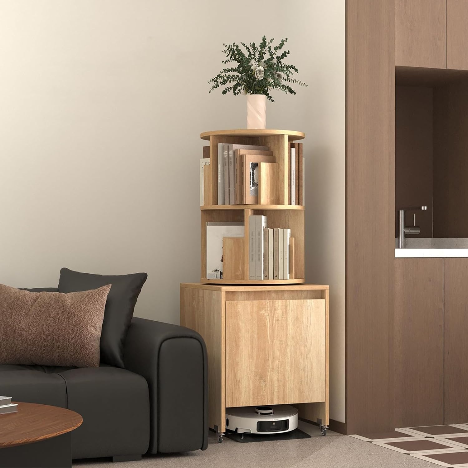 Robot Vacuum Storage Cabinet with Wheels, Mobile Vacuum Hidden Cabinet, Multi-Function Rotating Bookshelf, for Living Room Home Office Kitchen(Yellow,50 * 50 * 131.5cm)