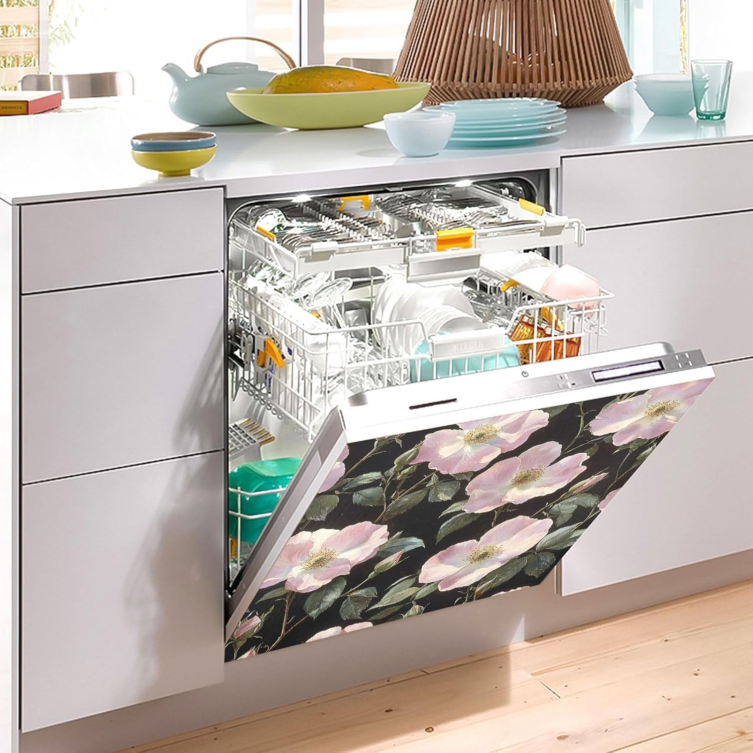 Dishwasher Magnet Cover Large Magnetic Stickers Peach Flower Pattern Front Dishwasher Cover Reusable Decal for Home Kitchen Anti-Scratch Refrigerator Decorative Lid Washing Machine Laundry 23