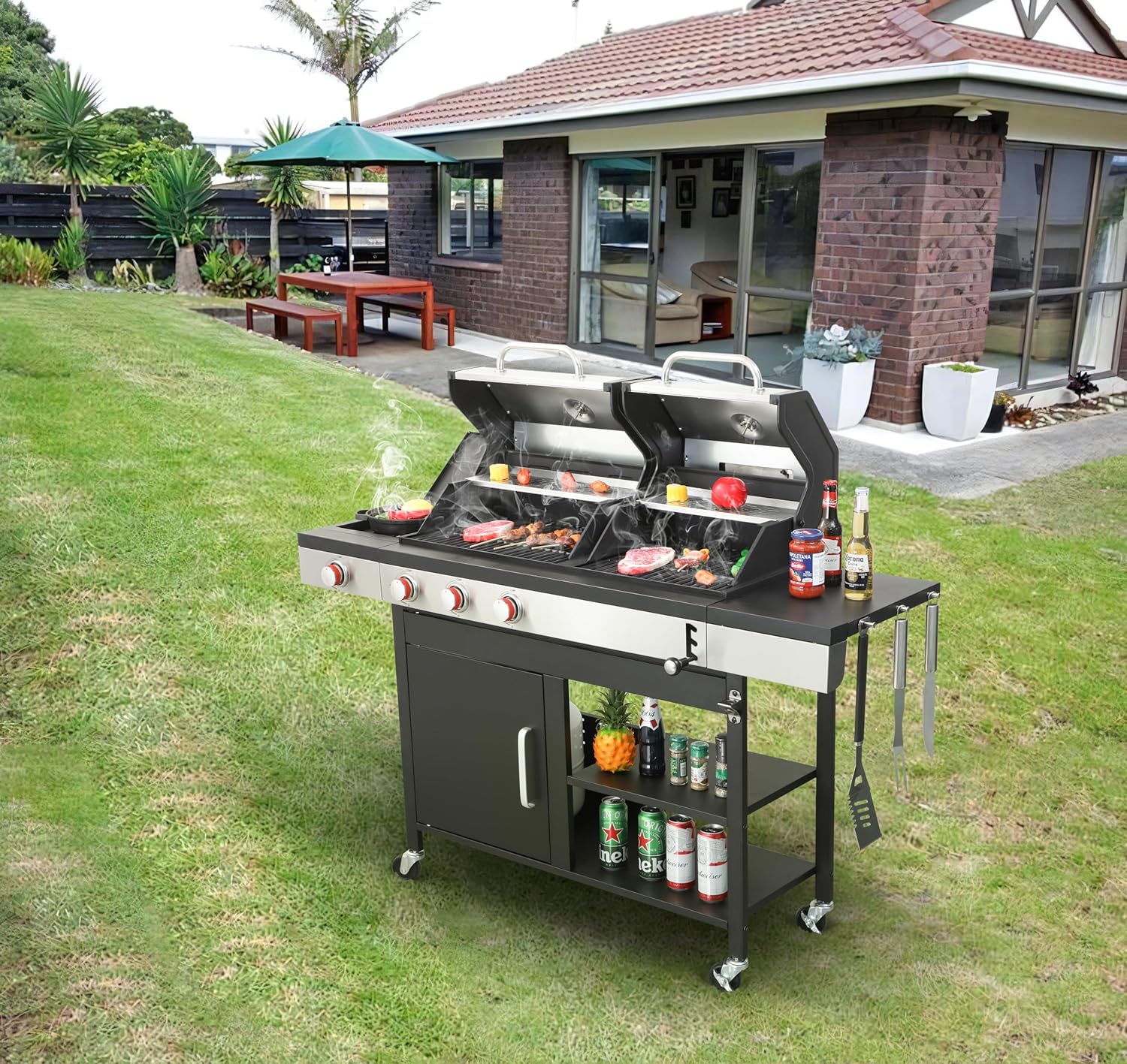 KUIKUI BBQ Grill Propane, 3 Burner Gas Grill with Side Burner, Combined with Charcoal Grill, Stainless Steel 37230BTU Barbecue Grill with Side Table