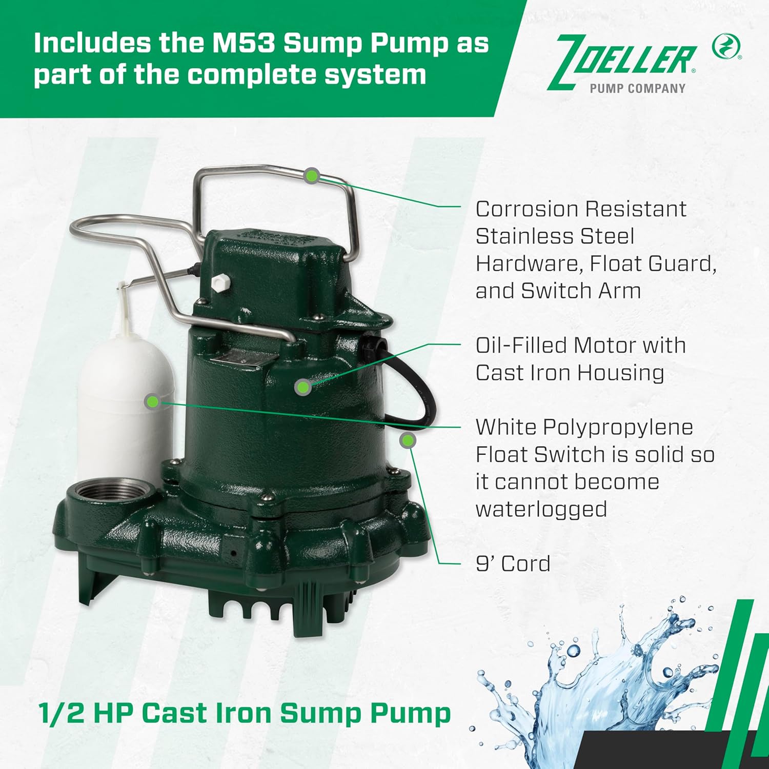 Zoeller 105-001 Automatic Drain Pump System - With 3/10HP Submersible Sump Pump M53 - Utility Pump Ideal for Basements, Wet Bars, Utility Sinks, Dishwashers & Ice Machines - 115V