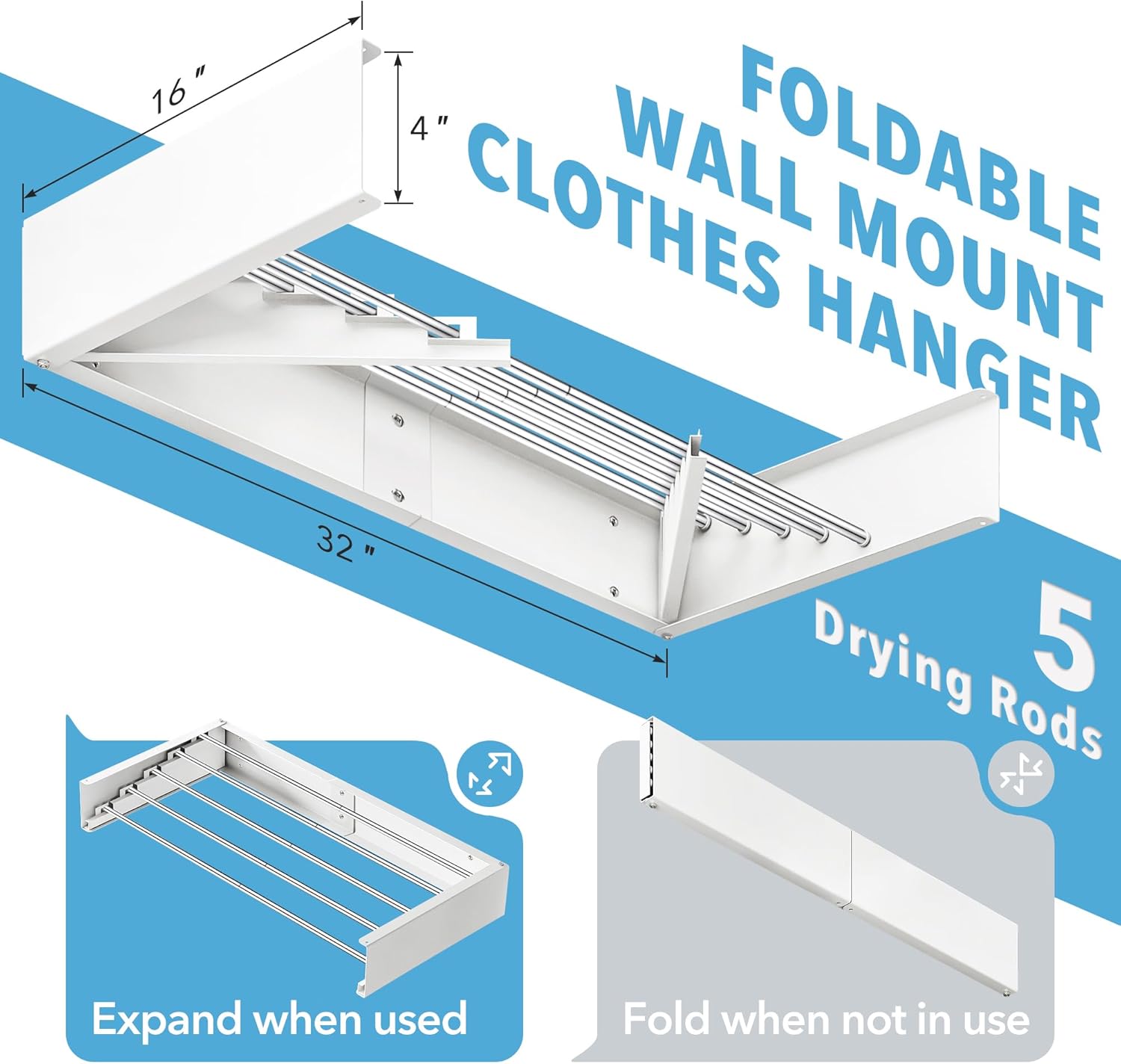 Clothes Drying Rack Wall Mounted 32“,Drying Rack Clothing Wall Mount,Laundry Drying Rack,Wall Mounted Clothes Hanging Rack (White)
