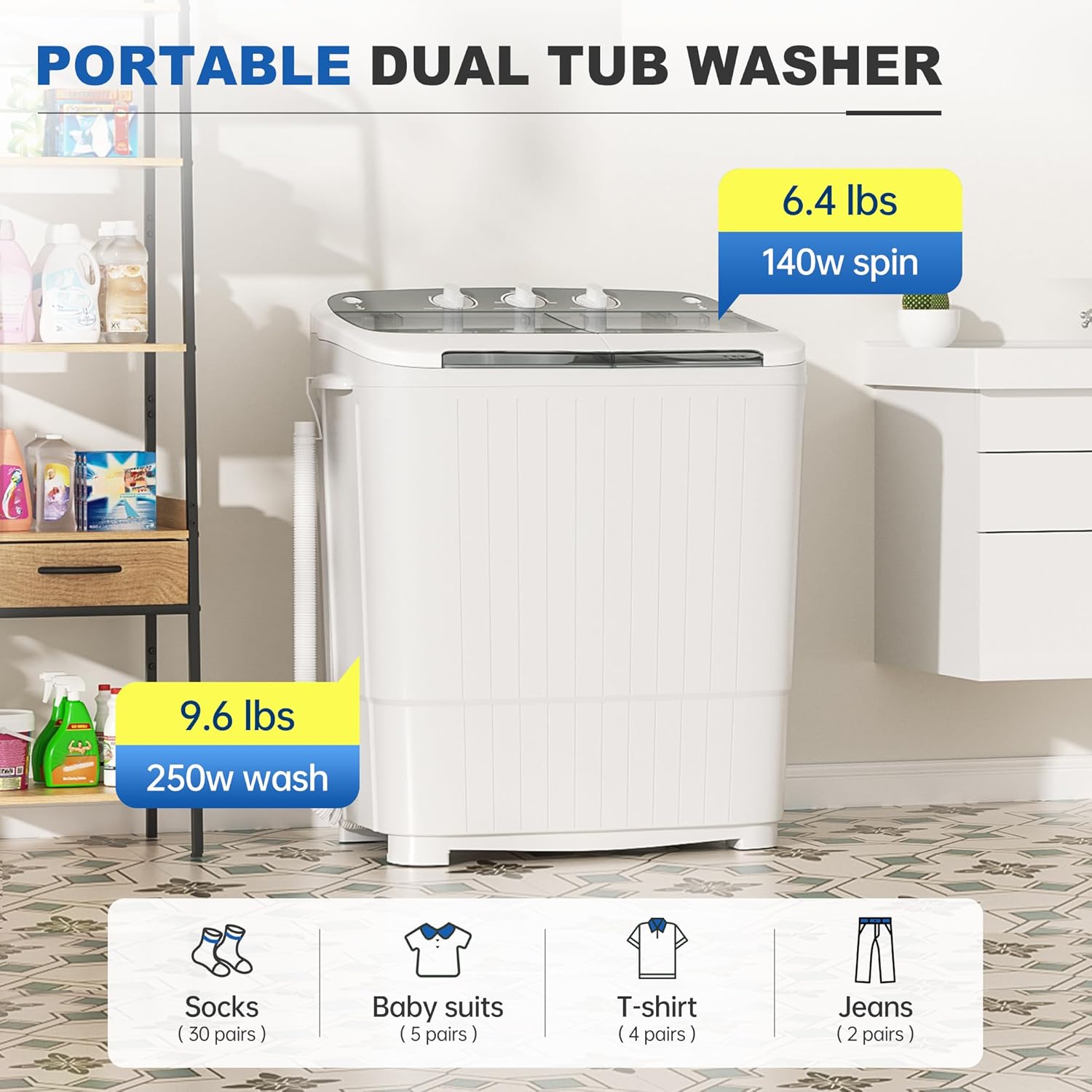 Superday Portable Washing Machine, 17.6lbs Mini Washing Machine and Spin Dryer Combo, Mini Twin Tub Laundry Machine for Camping, Apartments, Dorms, College Rooms, RV, Delicates, Grey