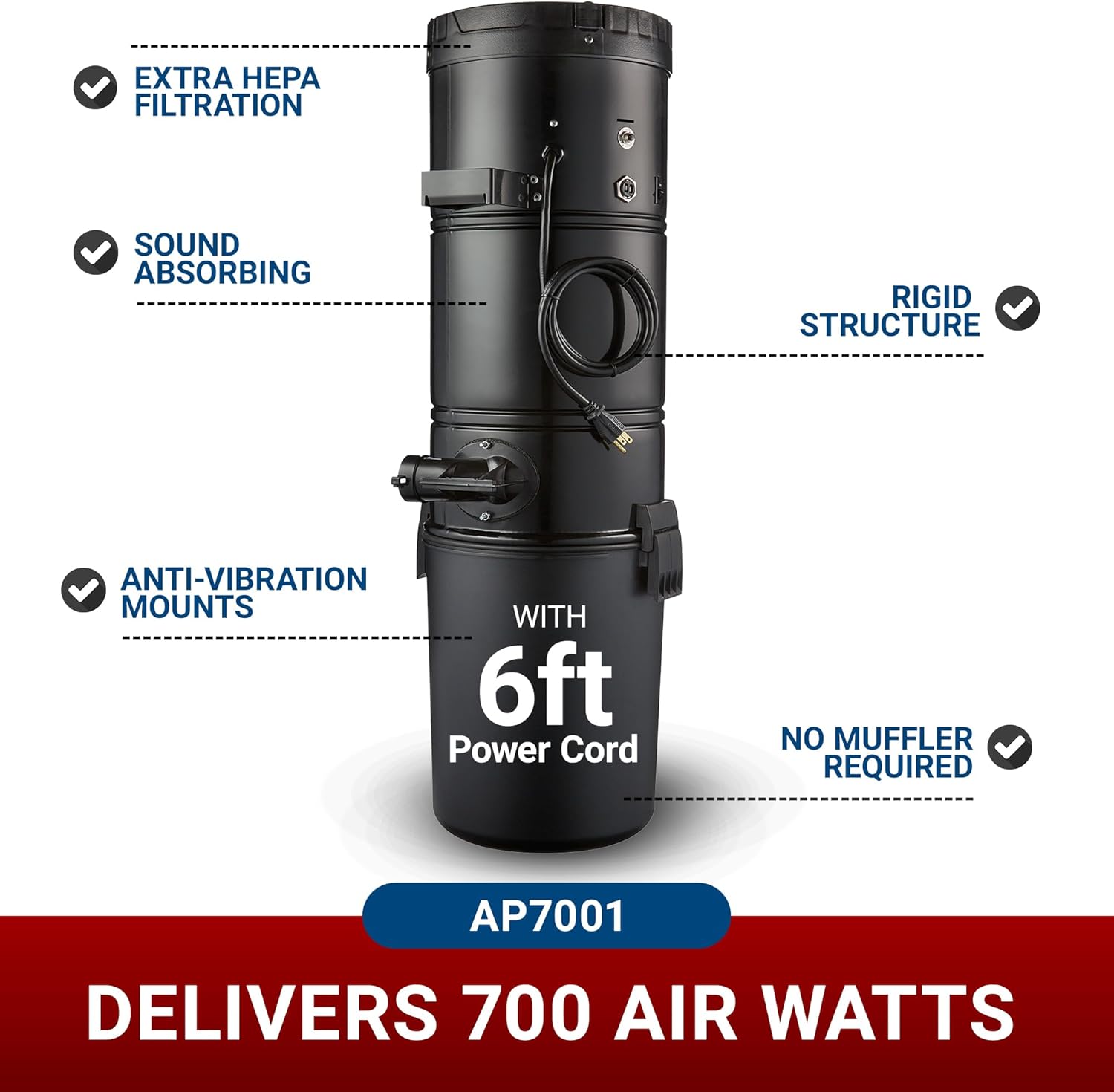 Drainvac Broan-nutone 700 Air watts Residential Central Vacuum System - Advanced HEPA Filtration with 99.97% dust and microparticle Capture, Anti-Vibration, Powerful Suction