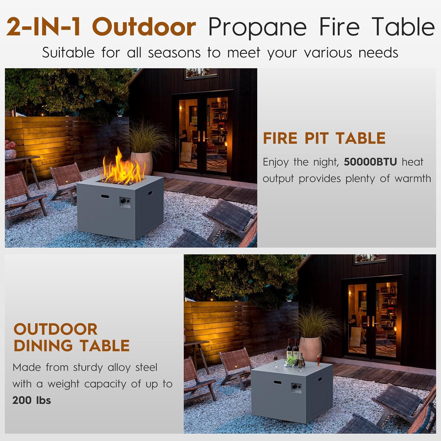 32 Inch Outdoor Fire Pit Table, 50,000 BTU Square Propane Fire Pit with Lid, Lava Rocks, Weatherproof Cover, Alloy Steel Gas Fire Pits for Outside Patio, CSA Certified, Gray