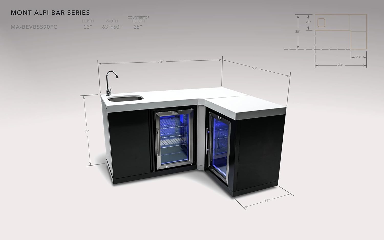 Mont Alpi MA-BEVBSS90FC Bar Series 90 Degree Corner Black Stainless Steel Double Outdoor Rated Refrigerator Wine Cooler Beverage Center Granite Countertops with Blue LED Lighting + Faucet & Sink