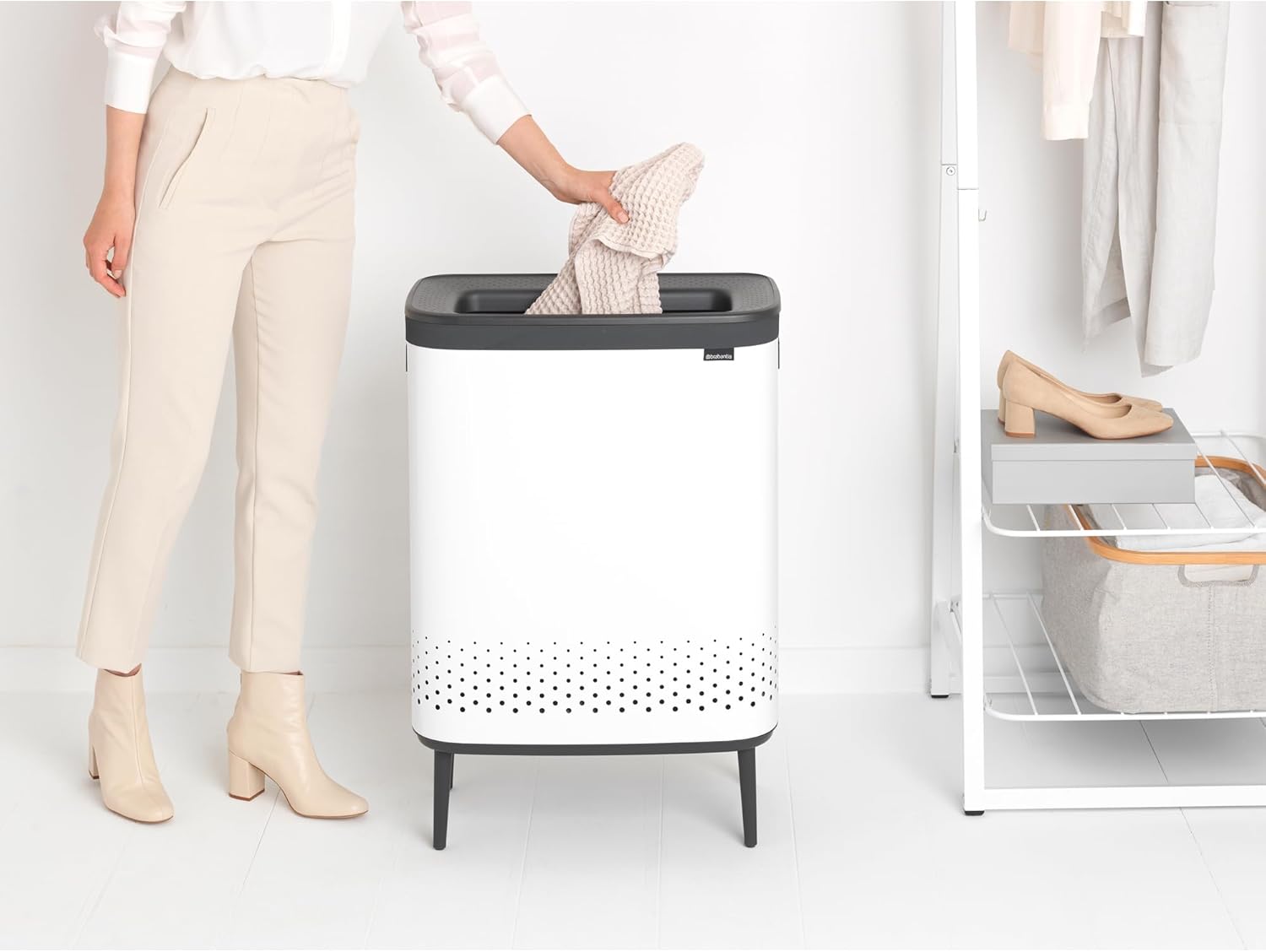 Brabantia Bo Laundry Hamper Hi (White) 2 Compartment Removable Laundry Bag 2 x 12 Gal, Ventilated Stylish Dirty Clothes Holder, Flat Back, Off-the Ground, Anti-Rust Materials for Bathroom Use