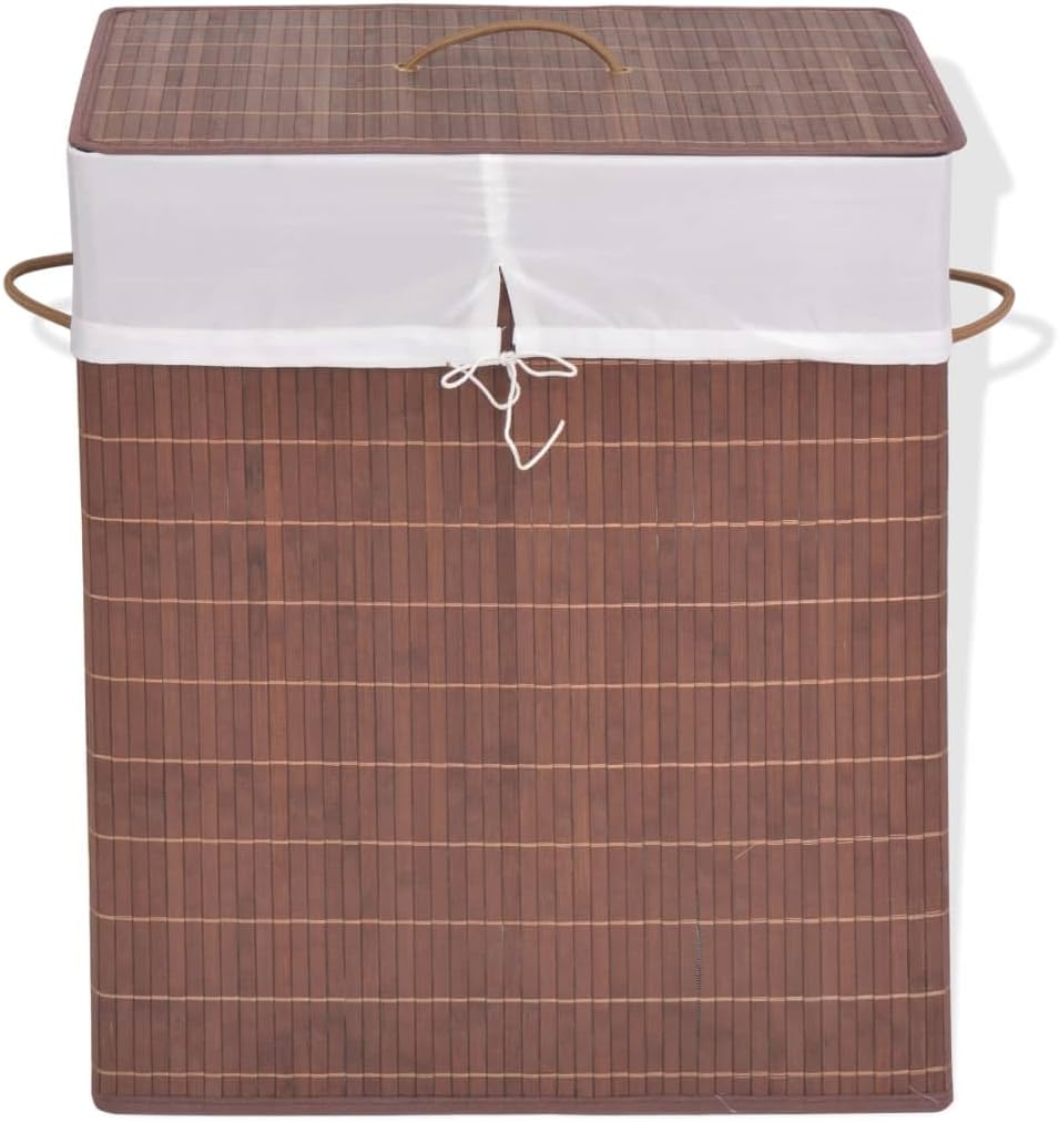 Bamboo Laundry Bin Rectangular Brown with Removable Polyester Liner, Foldable Storage Basket for Home Organization, Durable Woven Fabric Hamper