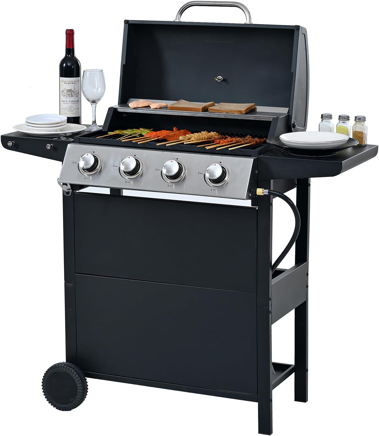 Endark 4 Burner Propane Gas Grill | 34,200 BTU Stainless Steel BBQ Grill | With Two Side Shelves and Wheels | Ideal for Patio, Garden, and Backyard Cooking