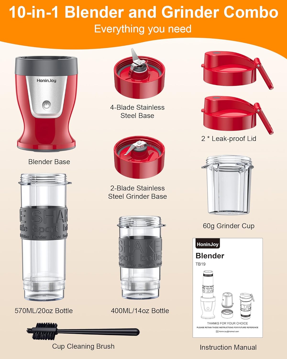 Smoothie Blender, 650W Personal Blenders for Shakes and Smoothies with Grinder Cup & 2 BPA-Free Portable Cups (20oz+14oz), Portable Blender for Juices, Smoothies Maker for Kitchen, Red