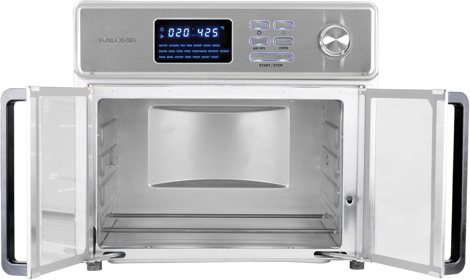 Kalorik 26 QT Digital Maxx Air Fryer Oven with 7 Accessories, Roaster, Broiler, Rotisserie, Dehydrator, Oven, Toaster, Pizza Oven and Slow Cooker. Includes Cookbook. Sears up to 500⁰F. Extra Large Capacity, All in One Appliance. Stainless Steel. AFO