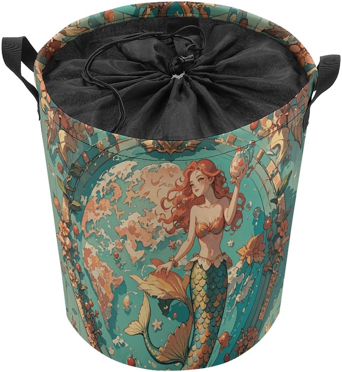 Vintage Outer Banks Map with Mermaids Laundry Bag Round Laundry Basket Collapsible Hamper with Handles Drawstring Closure Waterproof Storage Basket Dirty Clothes Organizer for Bedroom Bathroom Dorm 17