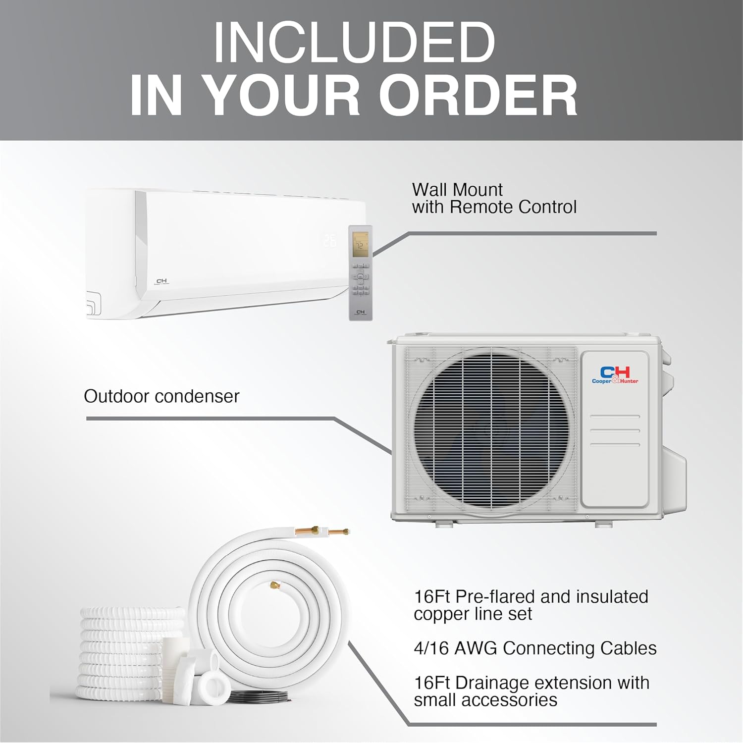 Cooper & Hunter 18,000 BTU 230V Mini Split AC/Heating System, Ductless Wall Mount – 24 SEER2 Inverter – 16FT Installation Kit & Smart Control Included – Pre-Charged