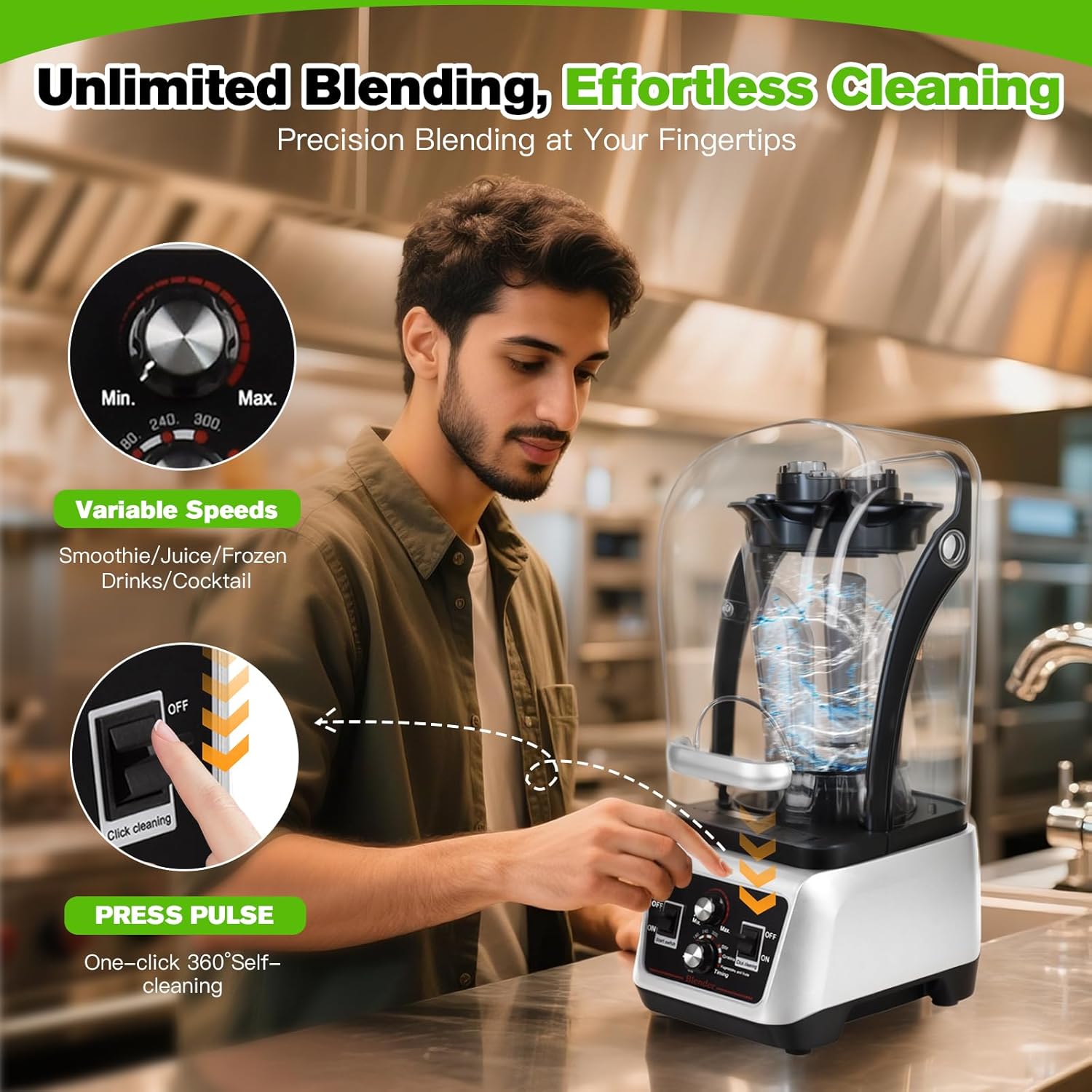 153Oz Professional Commercial Blender with Soundproof Shield, Multi-speed Settings, Quiet Smoothies Blenders Countertop, Powerful Blender for Kitchen, Shakes, Frozen Drinks, Self-Cleaning