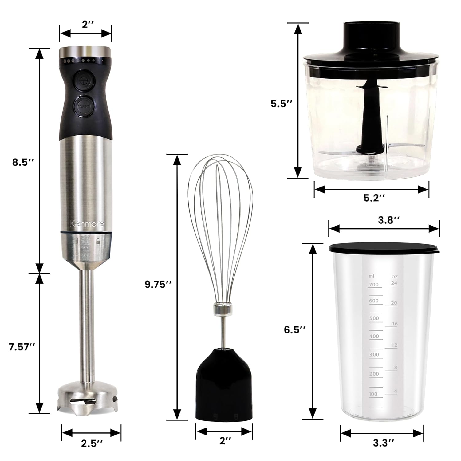 Kenmore Immersion Blender - Handheld Stick Mixer, Electric Hand Blender with Stainless Steel Shaft, Whisk, Variable Speed for Smoothies, Milkshakes, Baby Food, Puree, Batidora de Inmersión
