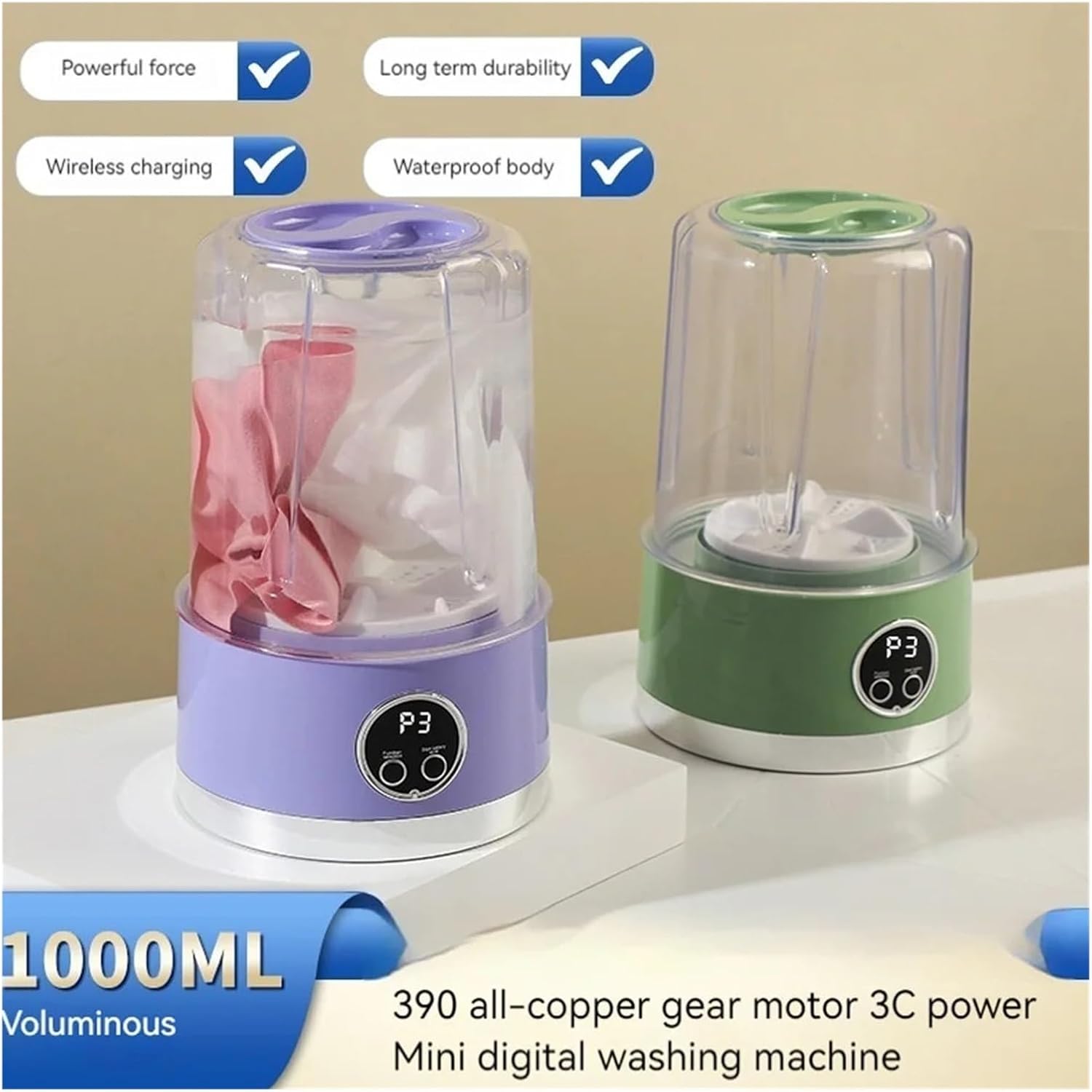 Portable Washer, Dehydratable Washing Machine Mini Portable Underwear Cleaner 1L Socks Washing Machine Wireless Rechargeable Laundry Bucket ﻿,for Apartments, Homes, and Dorms
