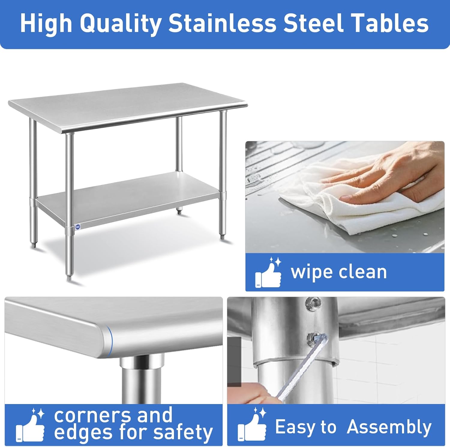 ROCKPOINT Stainless Steel Table for Prep & Work 24x48 Inches, NSF Metal Commercial Kitchen Heavy Duty Table with Adjustable Under Shelf and Table Foot for Restaurant, Home and Hotel