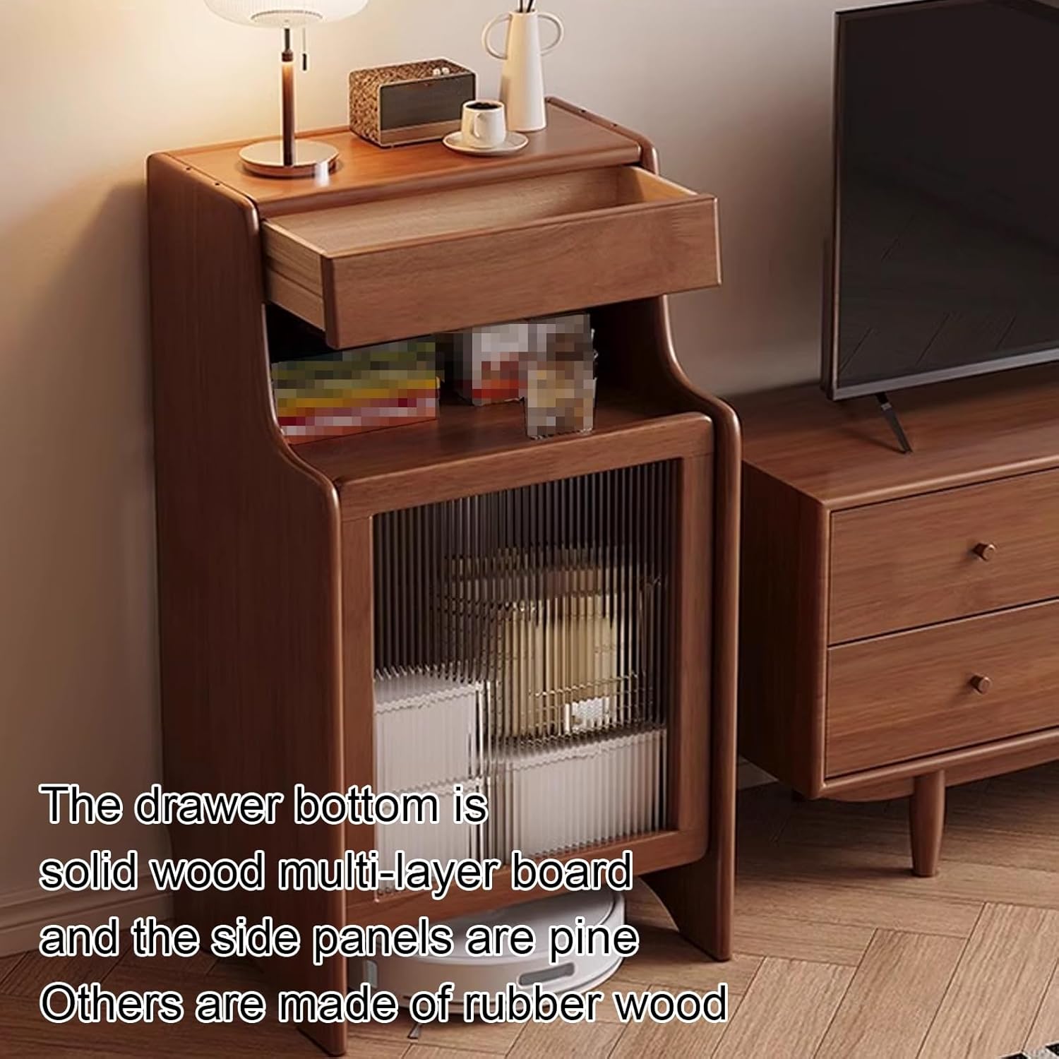 Robot Vacuum Stand Cabinet Wooden Sweeping Robot Storage Rack Side Table with Removable Shelf for Apartment Living Room Home Office 50 * 45 * 90cm(Natural)