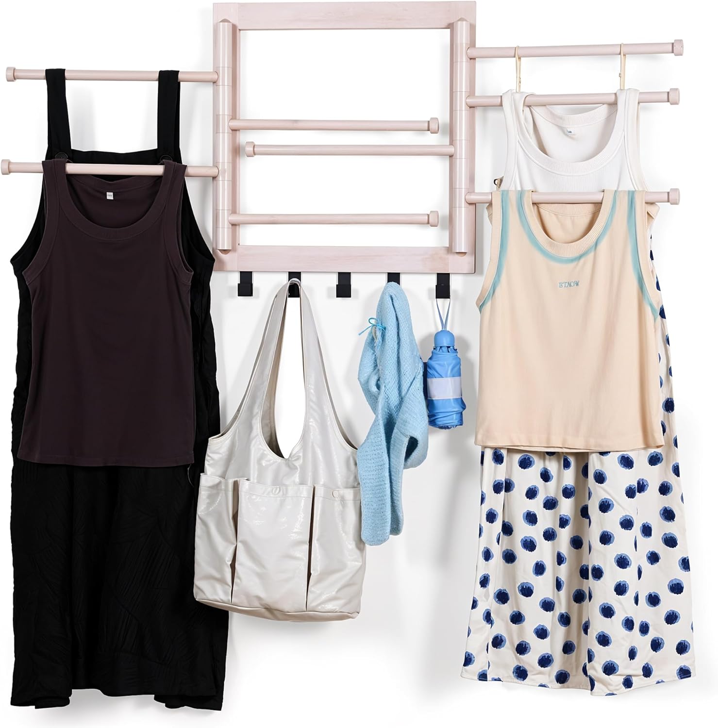 Wall Mounted Drying Rack - Clothes Drying Rack Wall Mounted for Laundry - 20 INCH - with 5 Hooks and 8 arms - 80 lbs Capacity - White Bamboo