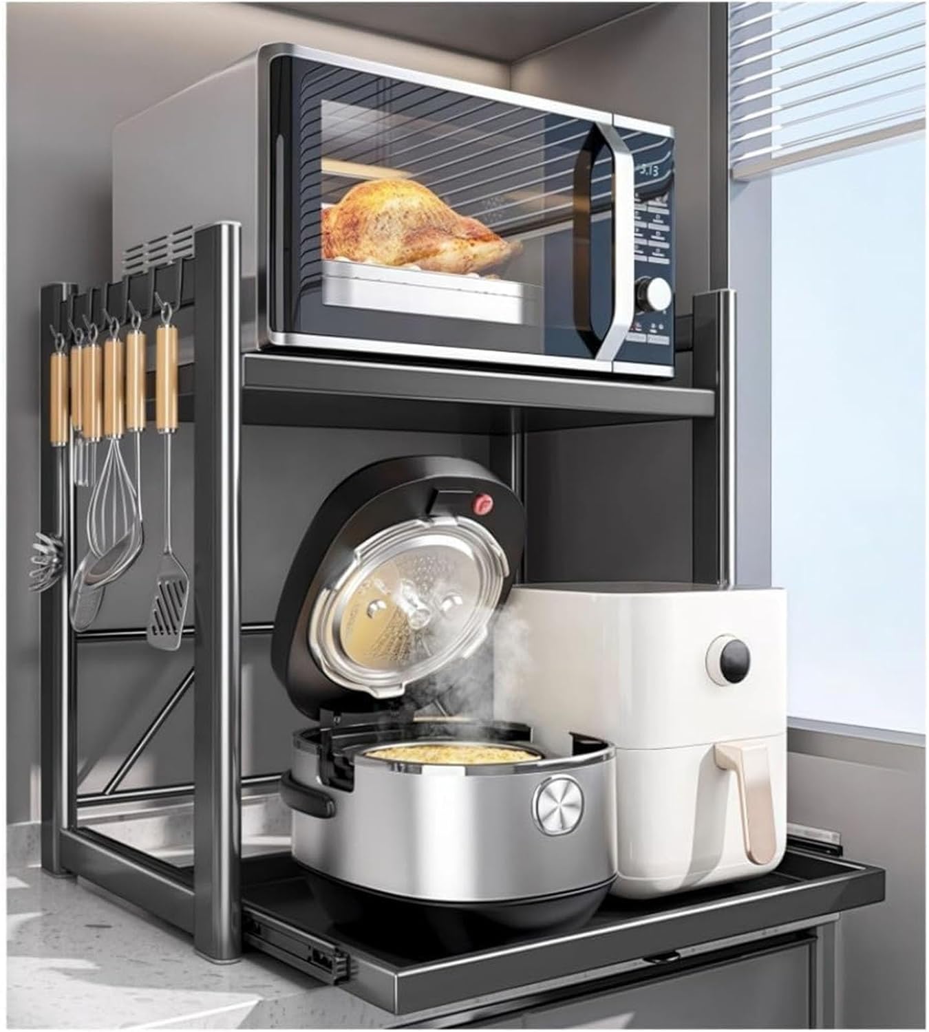 Microwave Stand 2-Tier Adjustable Kitchen Counter Oven Shelf With Pull-Out Tray, Metal Countertop Storage Rack With 6 Hooks Rice Cooker Stand Organizer(Gray,L:22.8