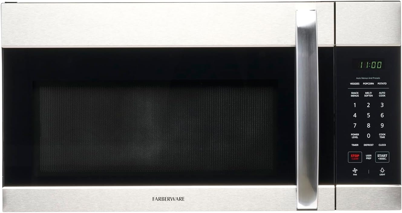 Farberware 1.7 Cu. Ft. Over-the-Range Microwave Oven – 1000 Watts Power, Auto Cook Settings, Defrost, Easy Clean and Child Safety Lock - Stainless