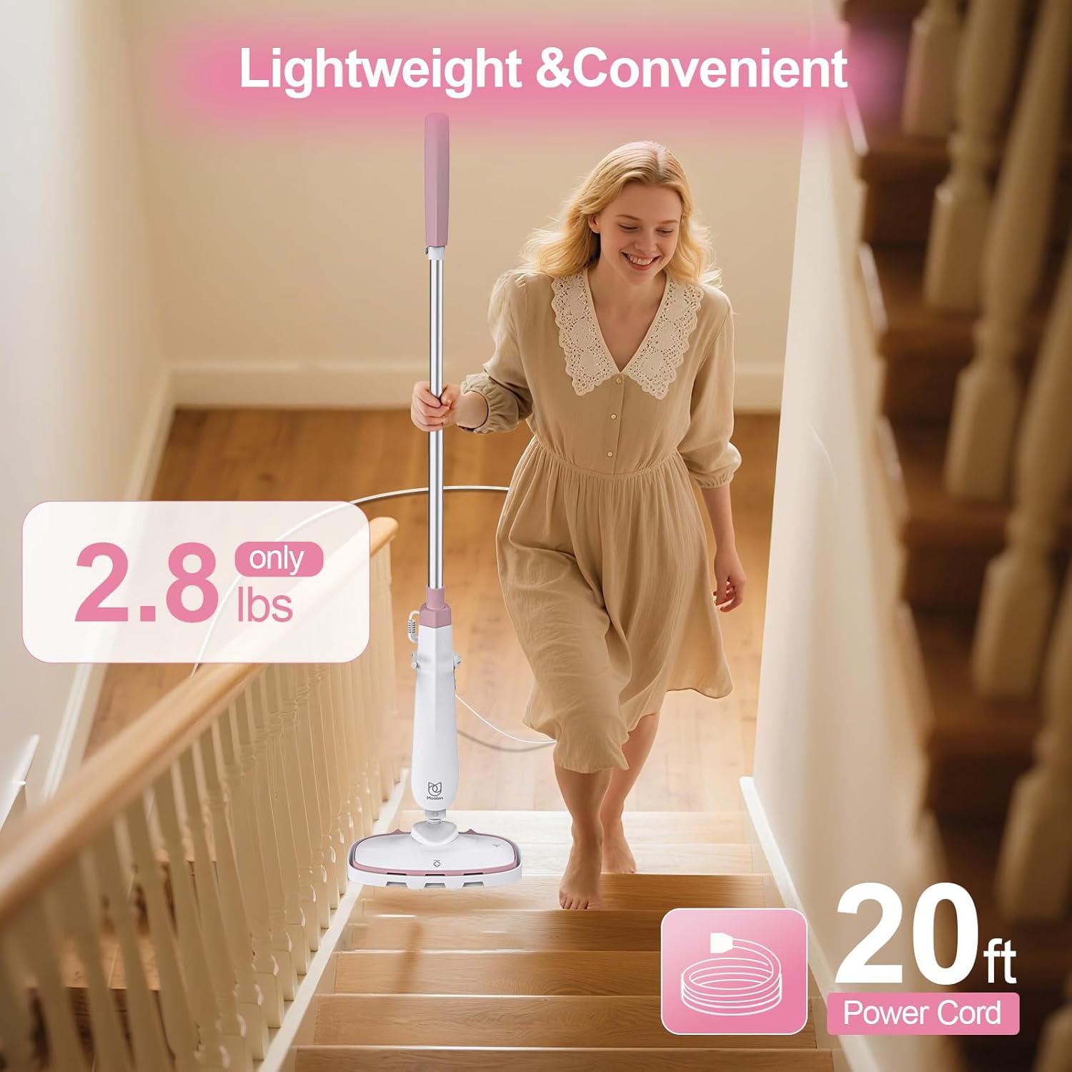 Moolan Steam Mop, 15s Fast Heat-Up Steam Cleaner with 2 Washable Pads, Chemical-Free Hard Floor Cleaning for Carpet, Tile, Laminate, Hardwood, Self-Standing with Adjustable Handle