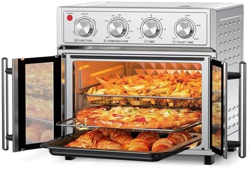 Versatile Air Fryer Oven 7-in-1 26qt Large Capacity Convection Toaster Oven Combo with French Doors 7 Preset Menus for Air Fry Bake Toast Roast Stainless Steel Countertop Oven 1700w Automatic Shutdown