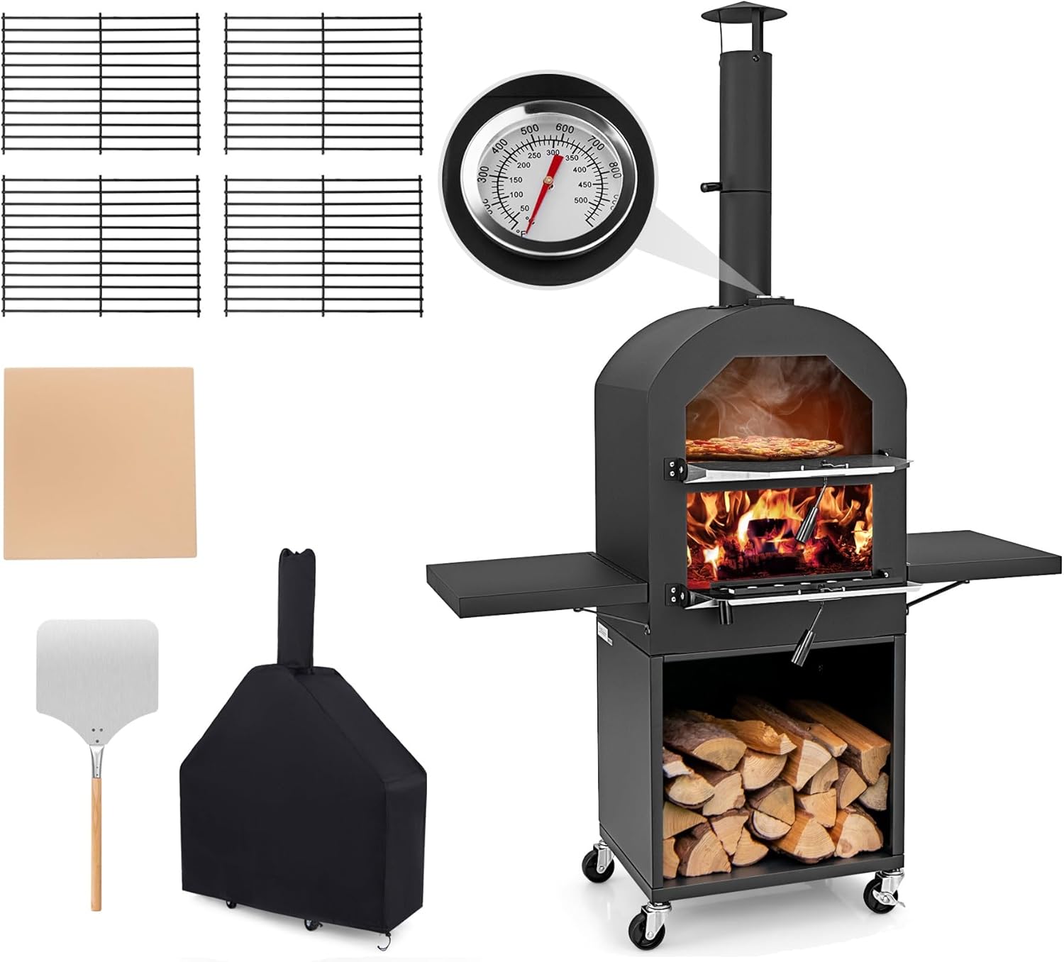 Pizza Oven Outdoor, 2-Side-Table Wood Fired Pizza Oven with 12