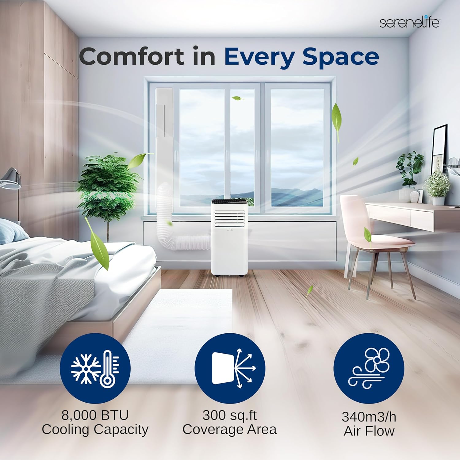 SereneLife Portable Conditioner, 8000 BTU 3-in-1 Compact Standing Air Conditioner for Rooms Up to 300 Sq. Ft., Energy Efficient Floor AC Unit with Remote Control, Universal Casters, Window Mount Kit