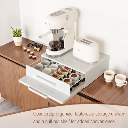 Steel Microwave Stand with Pull-Out Drawers & Shelves | Countertop Organizer for Compact Microwaves, Coffee Station & Kitchen Appliance Storage (White+Drawer+Shelf)