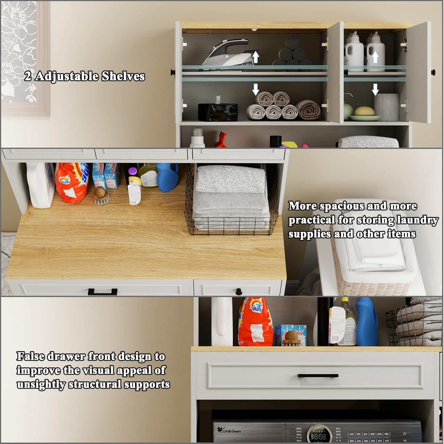 Antique White Over Washer & Dryer Storage Cabinet - Compact Laundry Organizer with 1 Basket, 4 Doors, 1 Drawer & 2 Adjustable Shelves - Sturdy & Safe Design