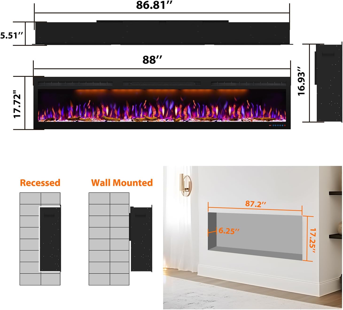 Electric Fireplace Recessed 88 inches, Insert and Wall Mounted Slim Fireplace with 750/1500 Watt Heater, Log & Crystal Hearth, Adjustable Realistic Flame and Remote Control & Touch Screen