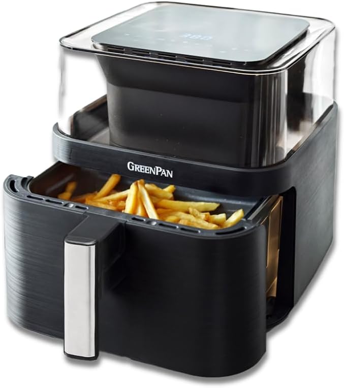 GreenPan Clearview Extra Large 7QT Air Fryer, 360° Clear Window, PFAS-Free Ceramic Nonstick Drawer and Tray, Heat to 400°F, 13-Presets, Shake Reminder, Keep Warm, Delay Start, Dishwasher Safe Parts