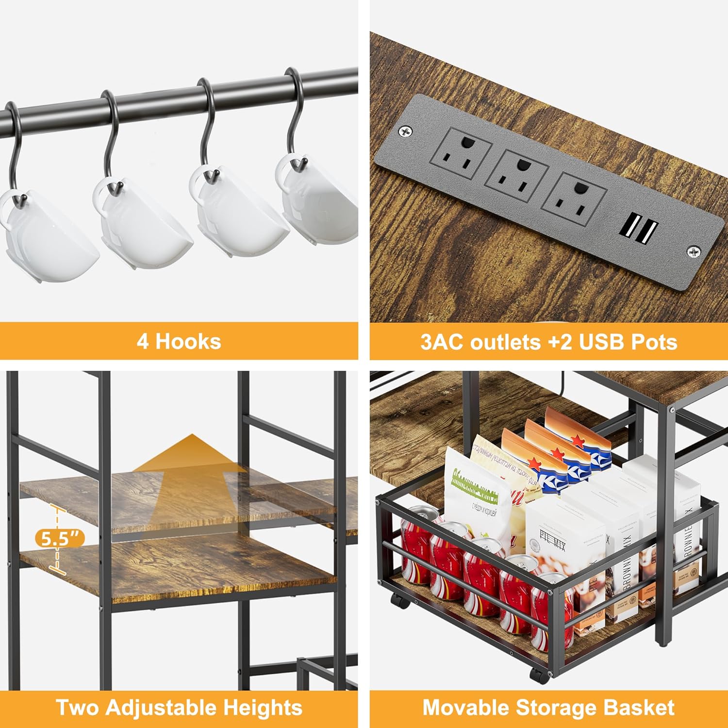 Mini Fridge with Microwave Stand, Coffee Bar Station with Storage, Bakers Rack with Power Outlet, Movable Basket, Adjustable Oven Shelf, Small Refrigerator Organizer for Dorm, Kitchen, Office