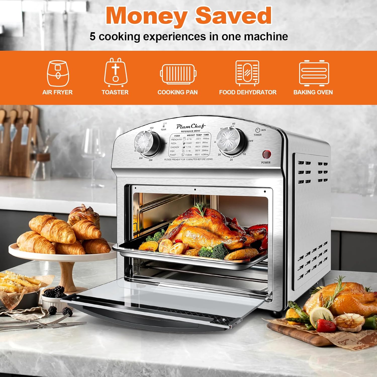 PlumChef 13 Quart 4 Slices Air Fryer Convection Toaster Oven, 1500W, Multifunction Oven with Reference Menus on Panel, Time and Temperature Controls,Stainless Steel