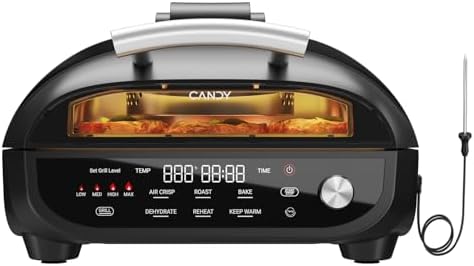 Candy Indoor Grill & Air Fryer with Ceramic Accessories, 500°F Max, 7-IN-1 Digital Display, 5.2 QT Electric Low Smoke with View Window, Smart Thermometer, Crisp, Roast & Dehydrate, Easy Clean, 1500W