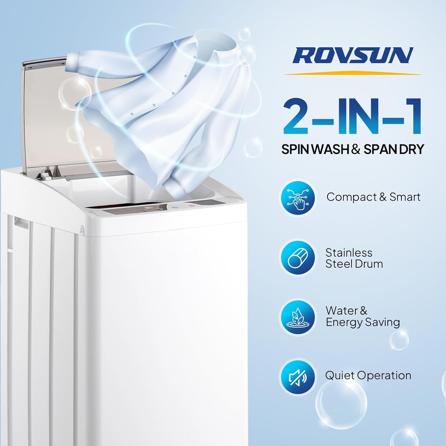 ROVSUN 17.8LBS Portable Washing Machine, Full-Automatic Electric Laundry Machine with Stainless Steel Drum, Compact Washer and Spin Dryer Combo with Drain Pump for Apartment, Dorm, Home, Light Grey