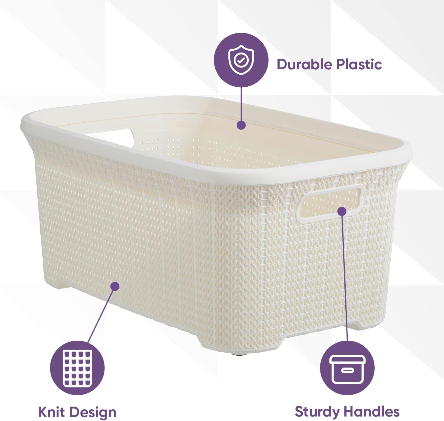 Designed Laundry Basket Plastic Small Storage Hamper Basket, Cream Cloths Basket Organizer with Cut-out Handles. Space Saving for Laundry Room Bedroom Bathroom, Knit Design 40 Liter.