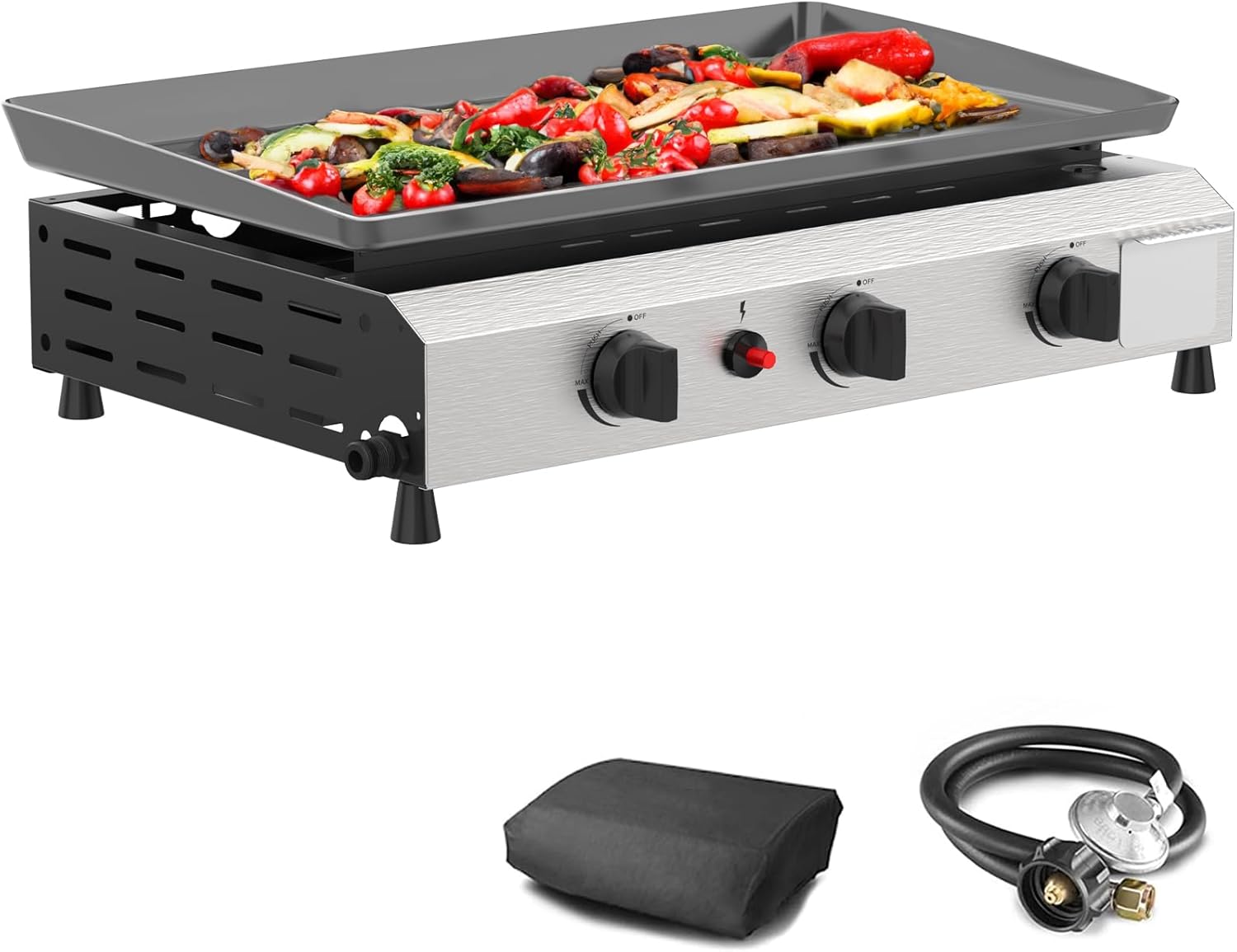 SKOK 3 Burner Outdoor Propane Griddle - 23.3 Inch, 30000 BTU, Portable Flat Top Gas Grill for Camping BBQ