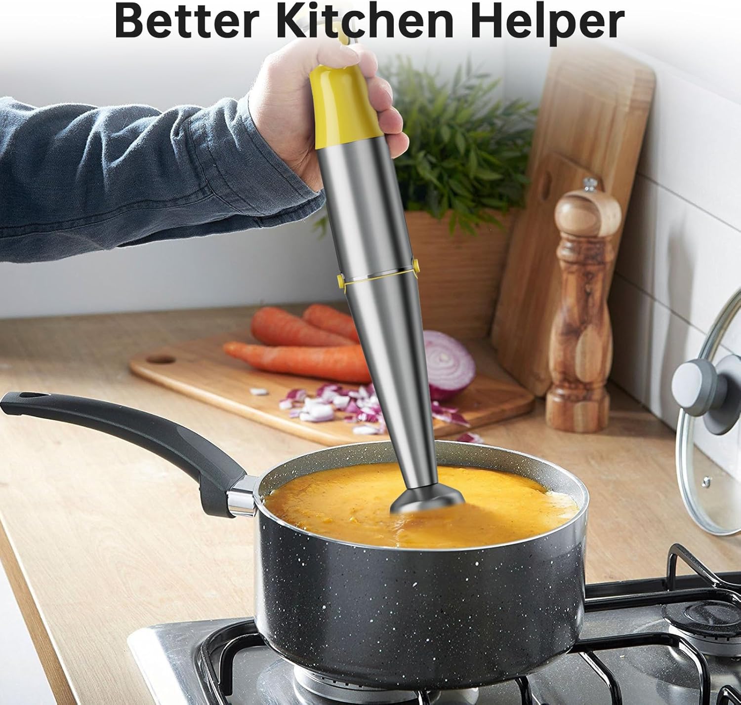 Immersion Blender Handheld Corded Hand Blenders Set 1100W, Trigger Variable Speed 5 in 1 Stick Emulsifier with Chopper, Whisk and Frother for Soup, Baby Food and Smoothies, Yellow