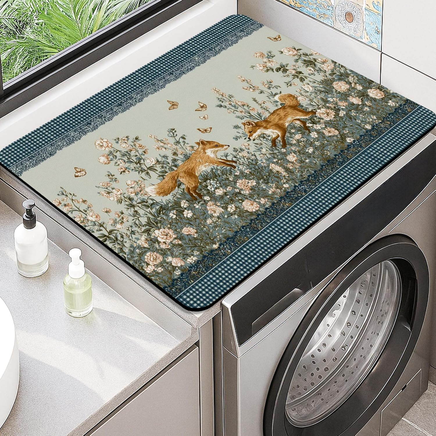 Floral Washer Dryer Top Protector Mat, Vintage Floral Laundry Machine Dust Cover, Spring Garden Design Rubber Anti-slip Waterproof Washer And Dryer Mats for Laundry Room 20x24 Inch