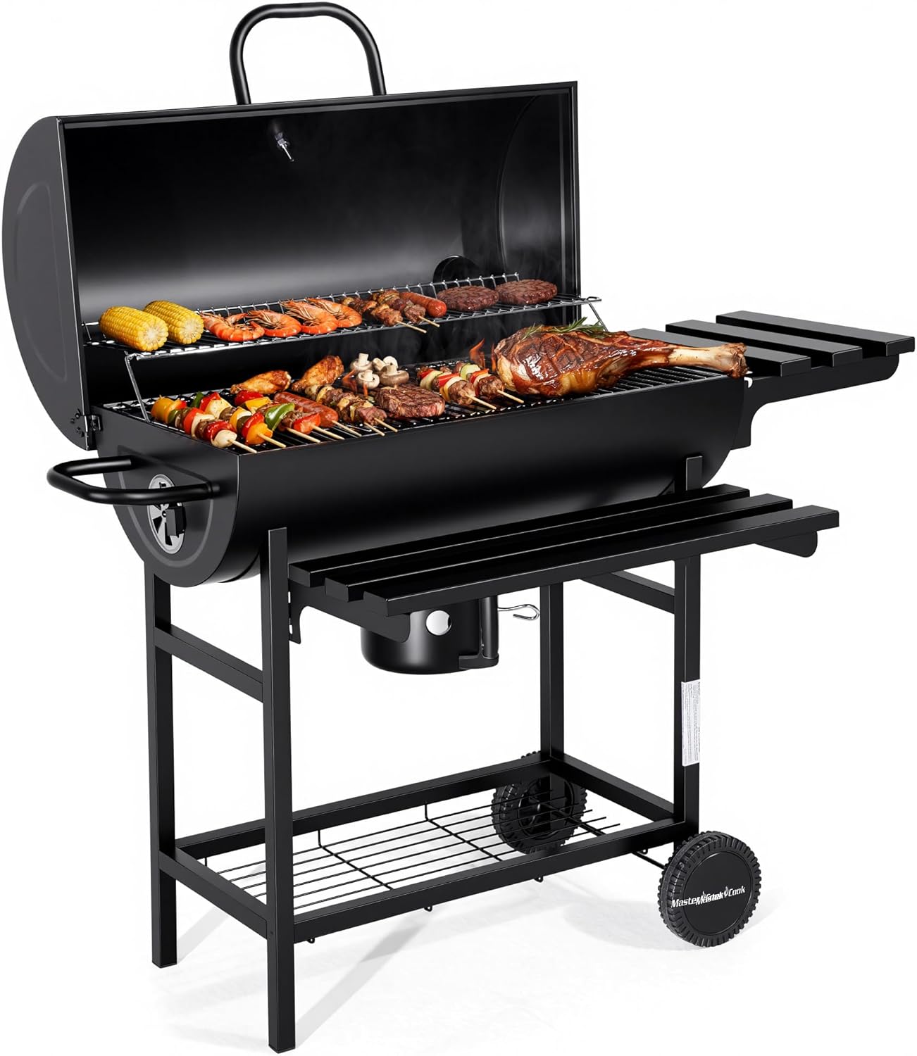MASTER COOK Barrel Charcoal Grill with Foldable Front Shelf, Outdoor bbq Grill with 686 Sq.in. Cooking Area, Thermometer and Adjustable Air Vents for Patio, Parties,Backyard, Tailgating, Black