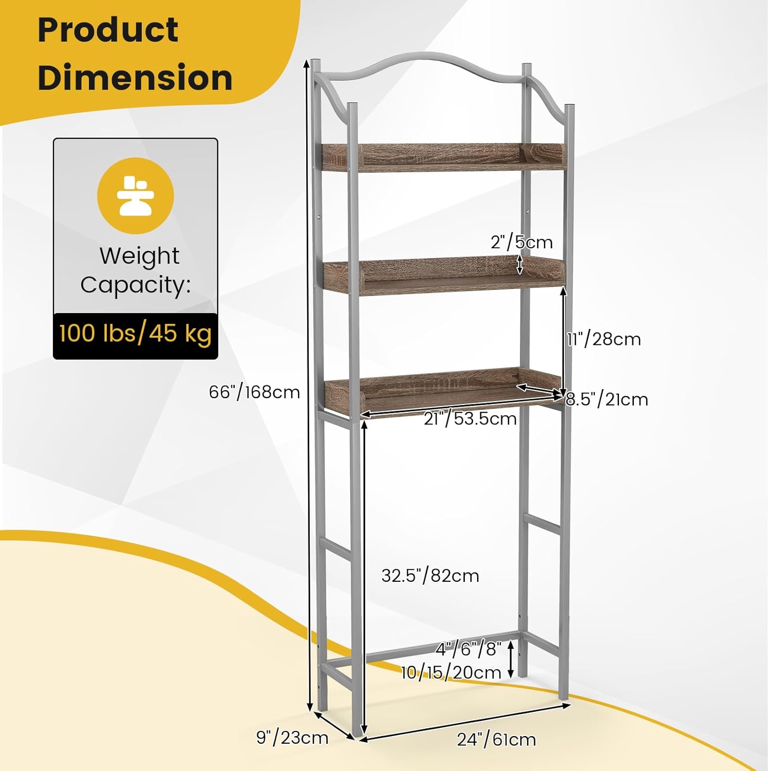 Giantex 3-Tier Over-The-Toilet Rack, Freestanding Bathroom Space Saver W/ 3 Open Shelves & Sturdy Metal Frame, Mid-Century Storage Rack for Bathroom, Laundry Room, Easy Assembly (Sliver)