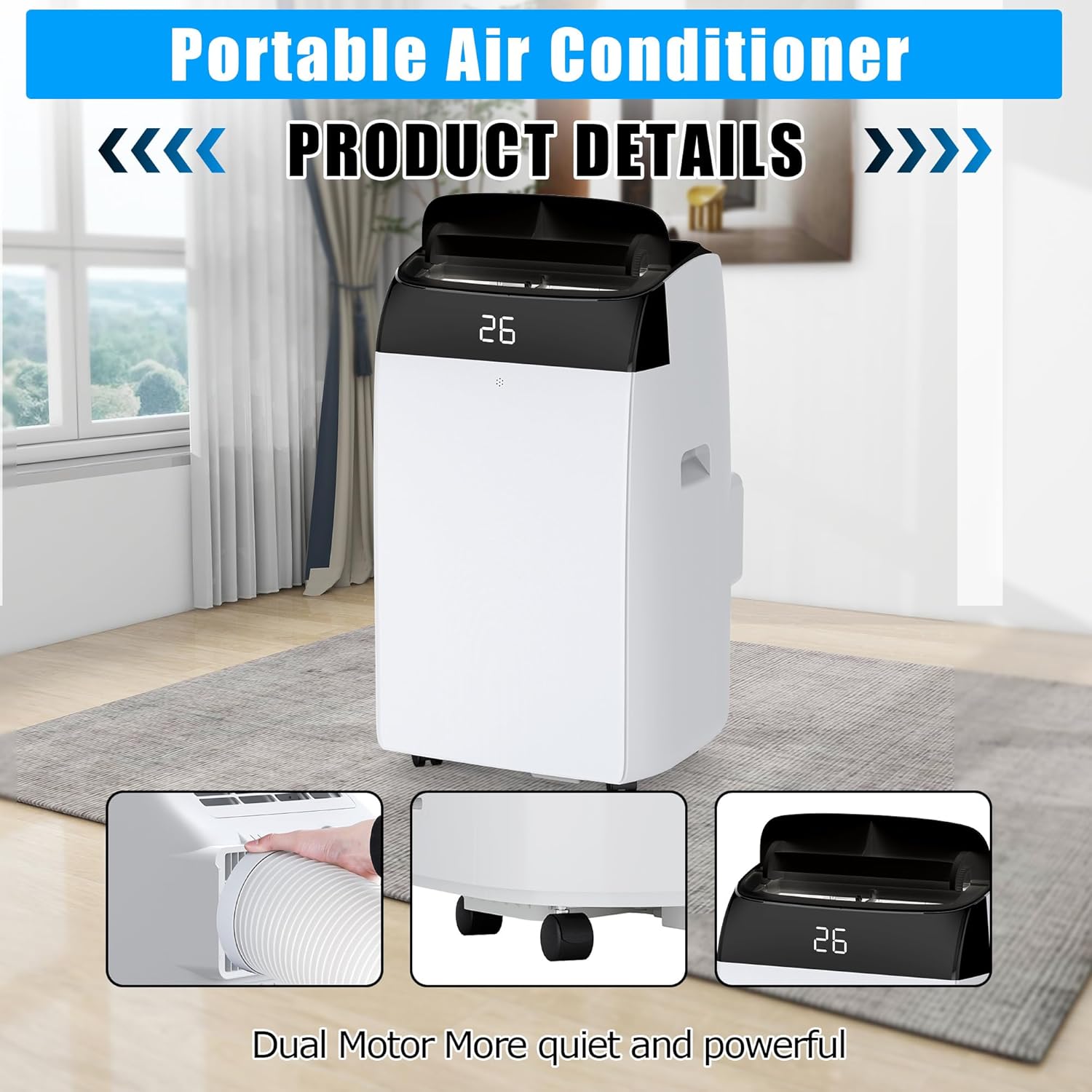 12,000 BTU Portable Air Conditioners for Room Up to 500 Sq.Ft, 3-In-1 Quiet Cooling AC Unit with Fan & Dehumidifier, Remote Control, 24H Timer, Sleep Mode, Windows Kit, Black